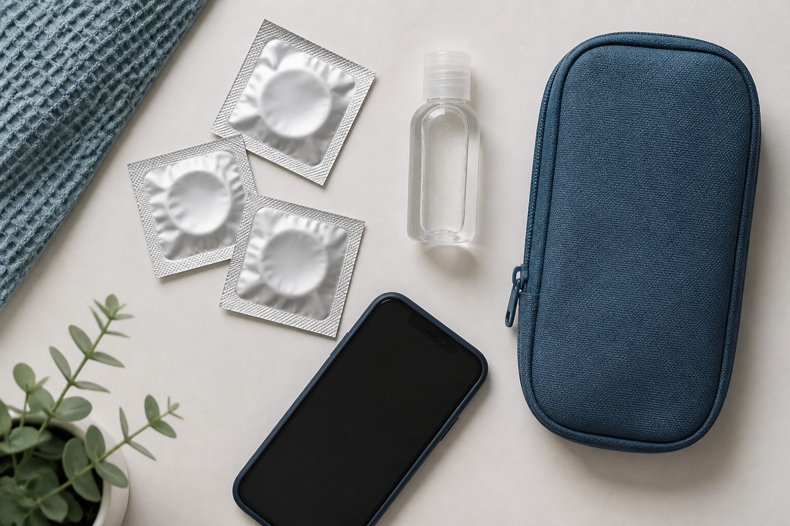 Kit de prevención y sexo seguro Preservativos, lubricante, teléfono y neceser organizados sobre una superficie clara